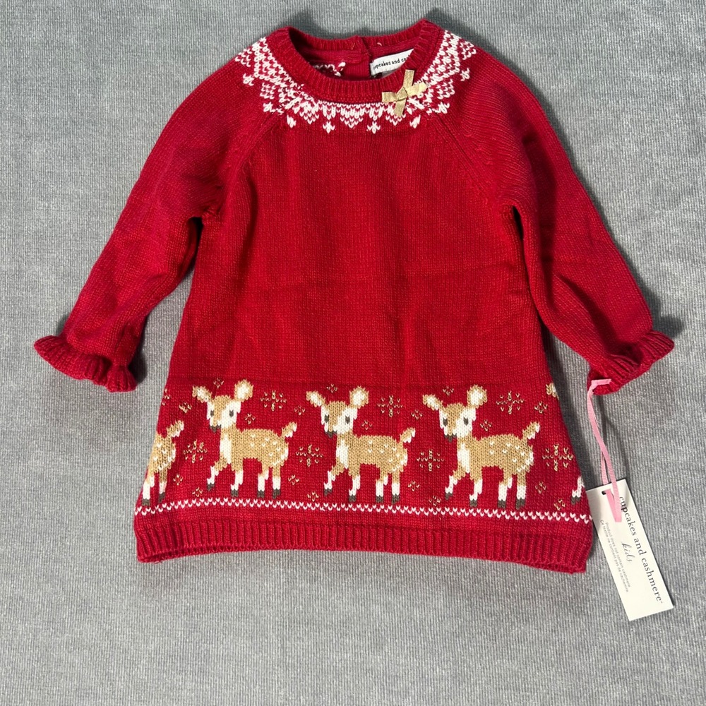 Cupcakes and Cashmere Kids Red Deer Knit Sweater Dress 3-6M Christmas NWT